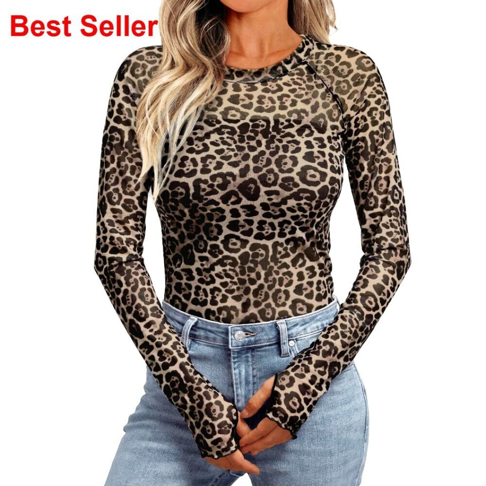 Mesh Sheer Lace Long Sleeve Top Slim Fitted See Through Floral Print